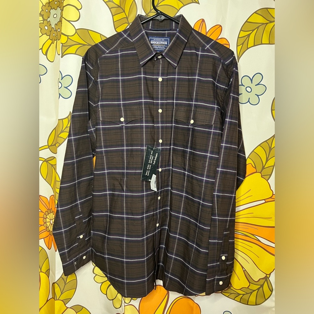 B7 Panhandle Rough Stock Mens Cotton Western Brown Purple Plaid Pearl Snap M